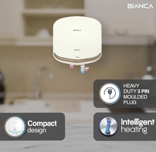 Havells Bianca 3 litre 3 KW Instant Water Heater with Flexi Pipe & 2 year comprehensive, 3 year warranty on heating element and 5 year warranty on inner container (Ivory Champagne Gold) Wall | 1 Count - Image 3